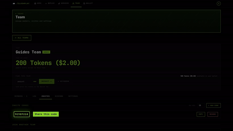 The Invites tab with a new invite code, Copy and Revoke