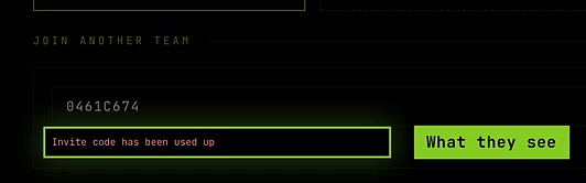 The Join another team box showing Invite code has been used up