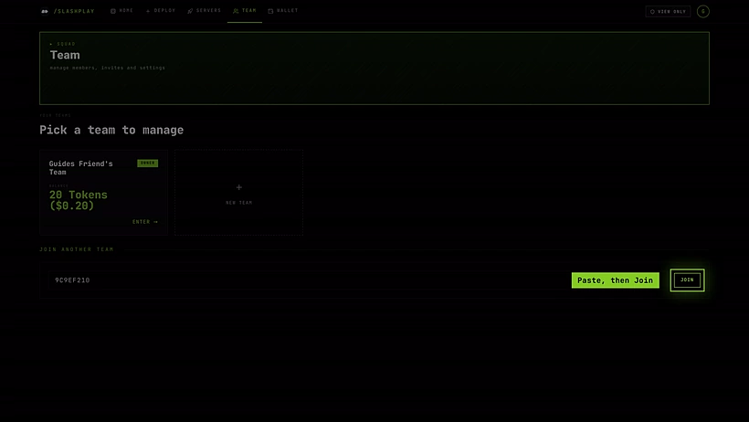 The Join another team box with an invite code pasted in