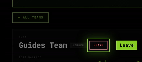 A team page seen by a member, with the Leave button next to the team name