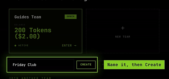 The Team name box under your team cards, with Friday Club typed in and the Create button