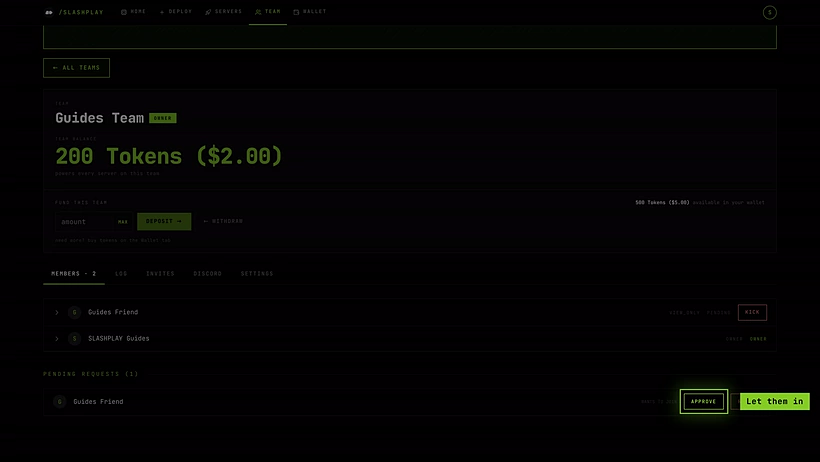 A pending request with Approve and Reject buttons