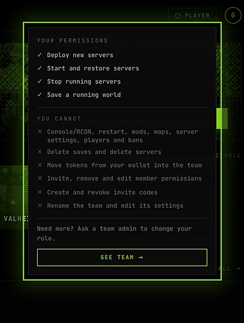 The role chip opened: Your permissions with ticks, You cannot with crosses, and See team