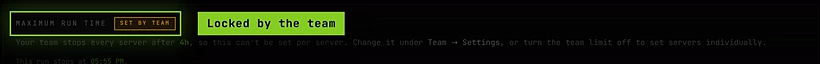 A server's Maximum run time marked Set by team, with the team's 4-hour limit