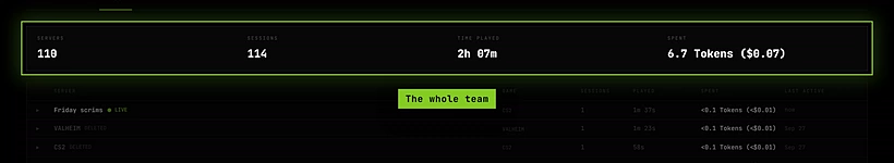 The team log with the four totals and one row per server, a live server at the top