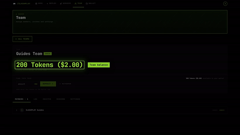 A team page: the team balance, the Fund this team box and the Members, Log, Invites, Discord and Settings tabs
