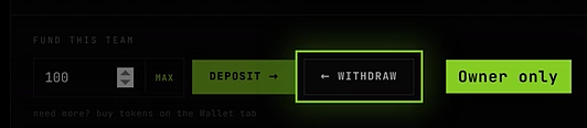 The Fund this team box with 100 tokens typed and the Withdraw button