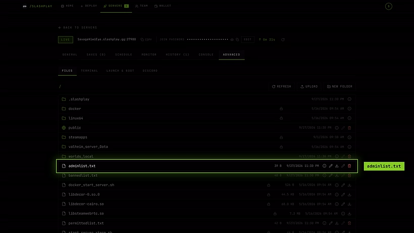 The Valheim server's root folder in the file manager, with adminlist.txt, bannedlist.txt and permittedlist.txt