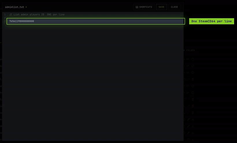 adminlist.txt open in the editor with a SteamID64 added below the comment line
