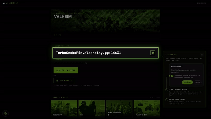The invite page for a Valheim server, with the address, password, Open in Steam and Copy address